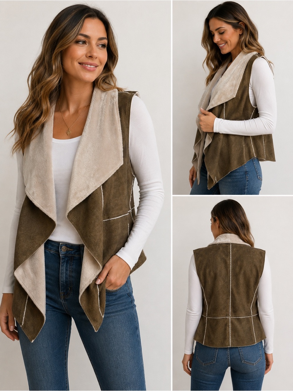 True Grit Dry Goods Faux Suede Sherpa Waterfall Vest Medium